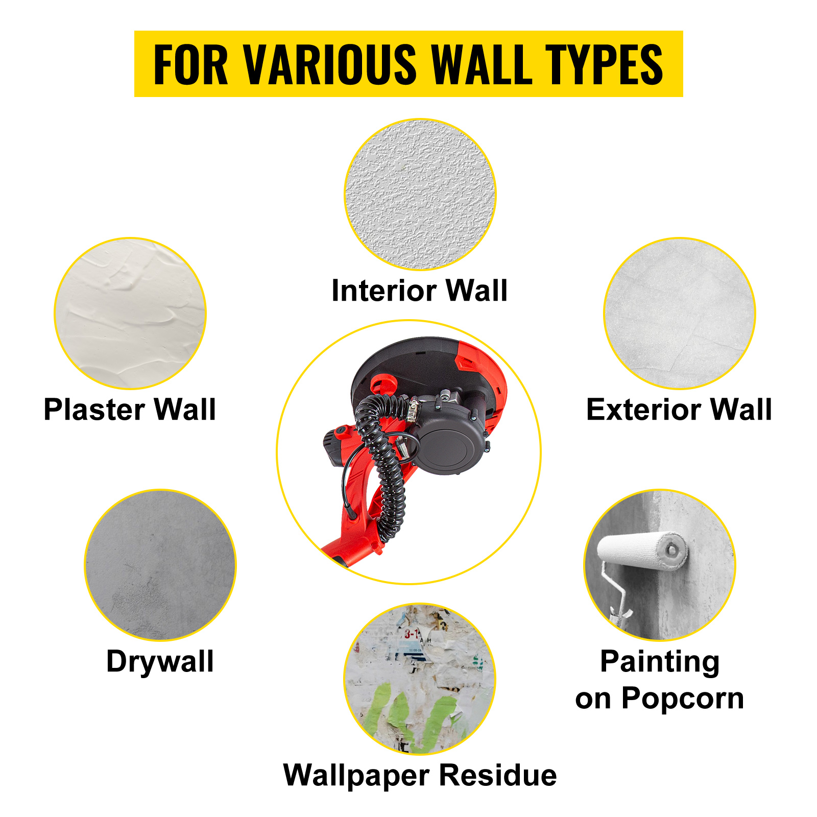 VEVOR drywall sander for interior, exterior walls, plaster, drywall, and wallpaper removal.