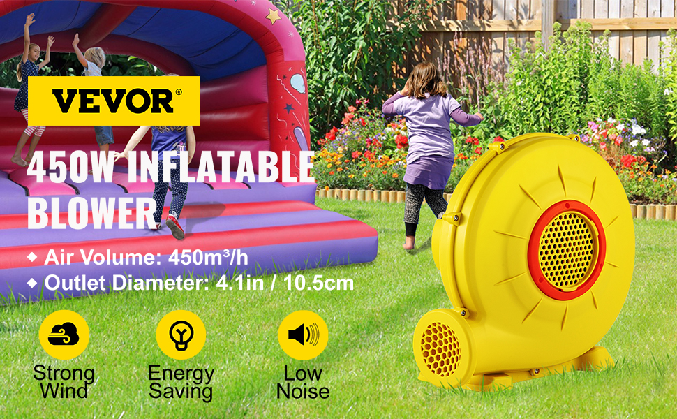 VEVOR bounce house blower with kids playing on inflatable in backyard, highlighting "450w inflatable blower".