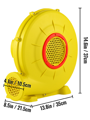 yellow VEVOR bounce house blower with red circular vent and black size measurements outlined.