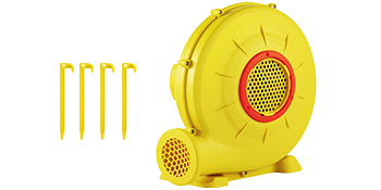 yellow VEVOR bounce house blower with red accents and four yellow stakes against a white background.