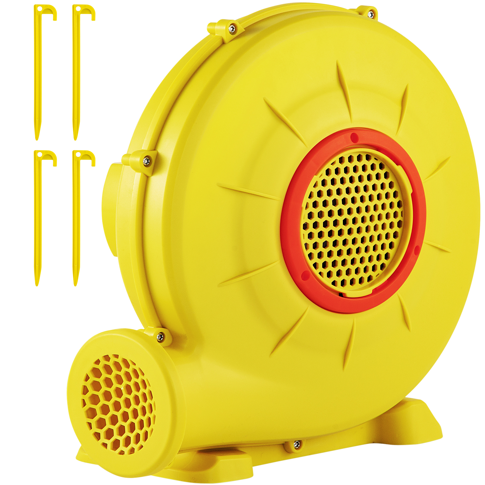 yellow VEVOR bounce house blower with four yellow stakes, featuring a red and yellow vent.