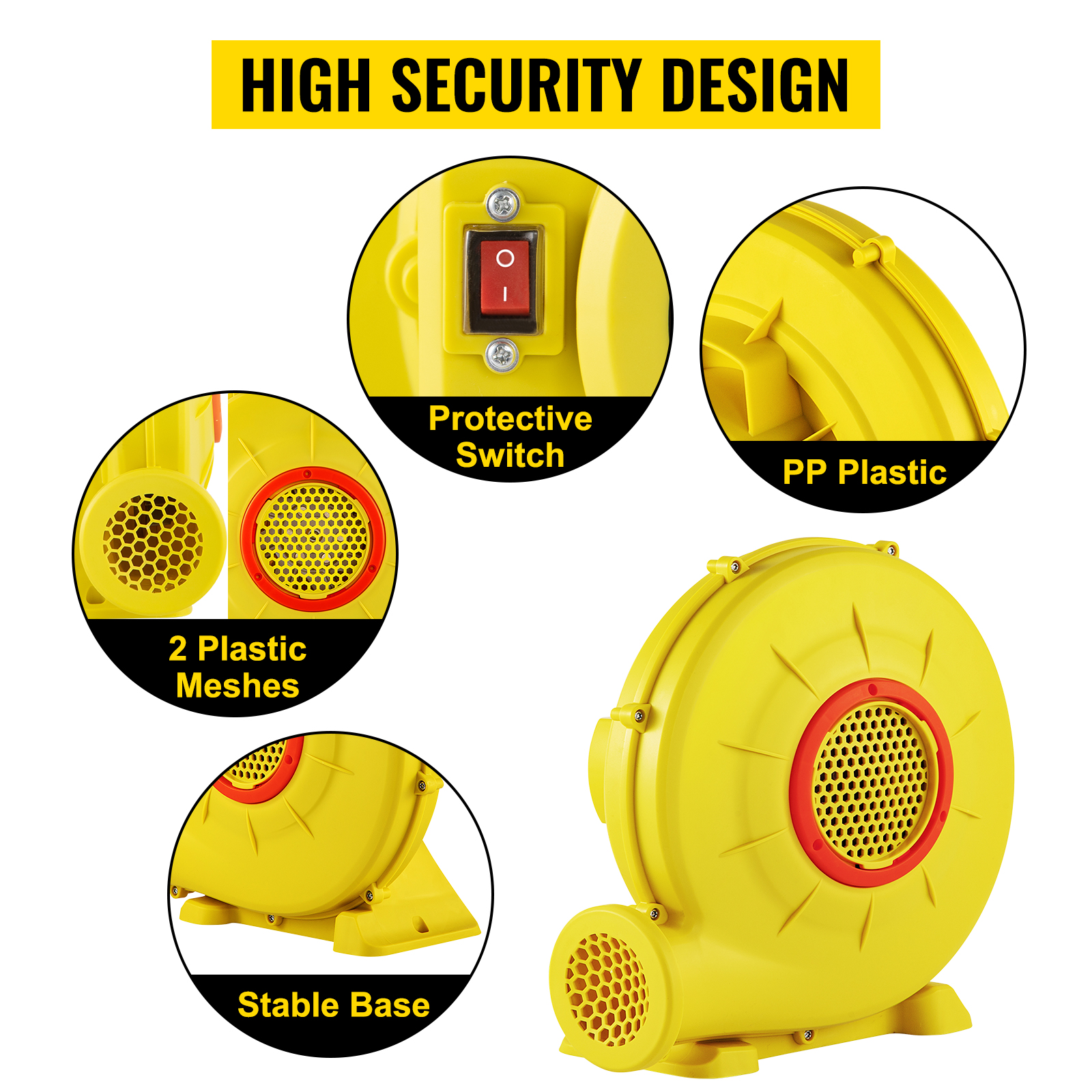 yellow VEVOR bounce house blower with protective switch, 2 plastic meshes, and stable base.