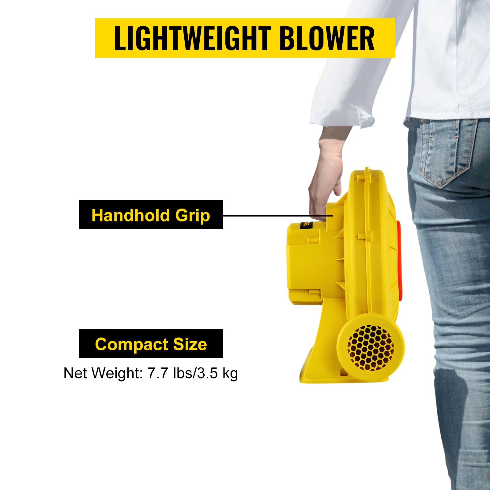 lightweight yellow blower with handhold grip, compact size, net weight 7.7 lbs/3.5 kg, held by a woman.