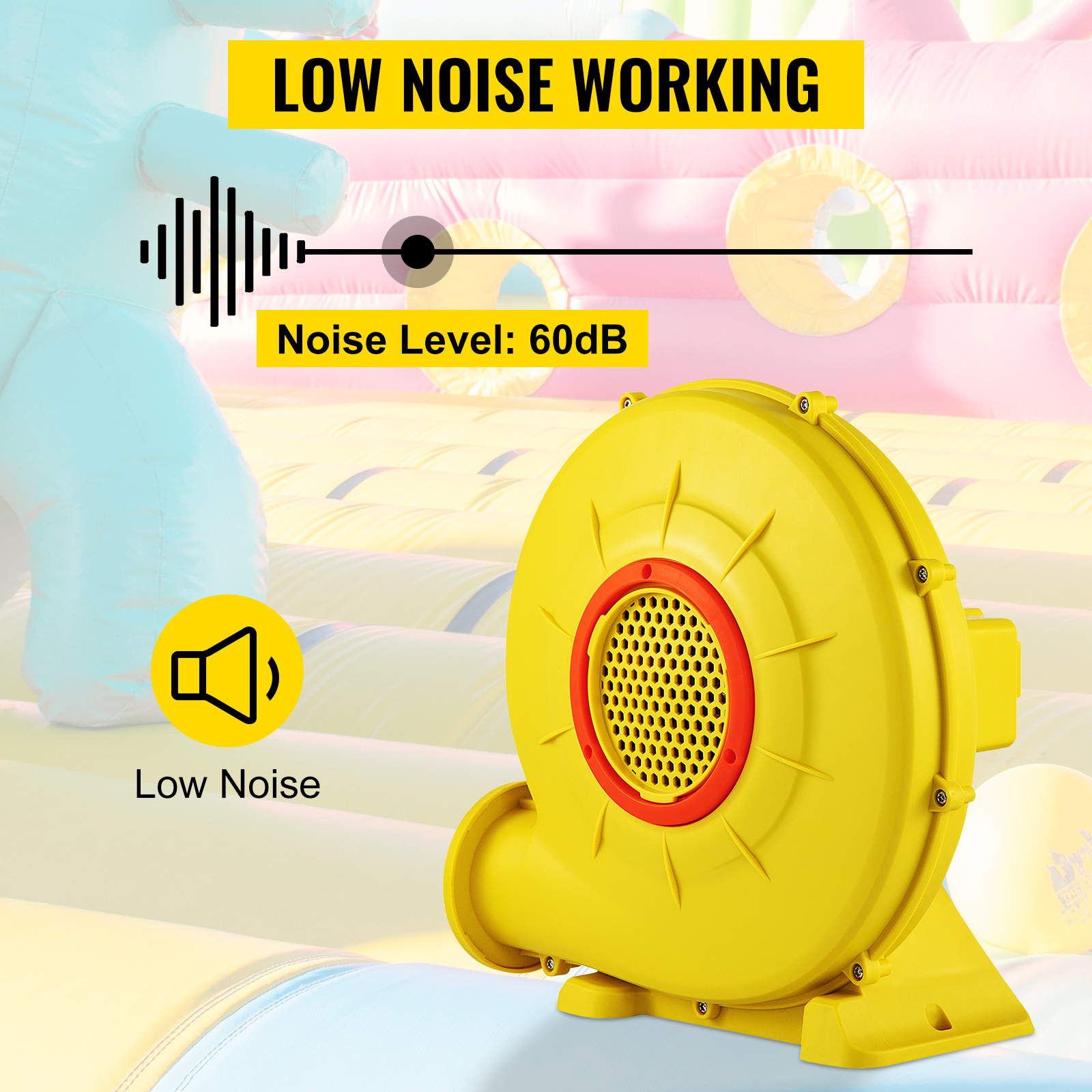 VEVOR bounce house blower in yellow, highlighting low noise level at 60db for quiet operation.