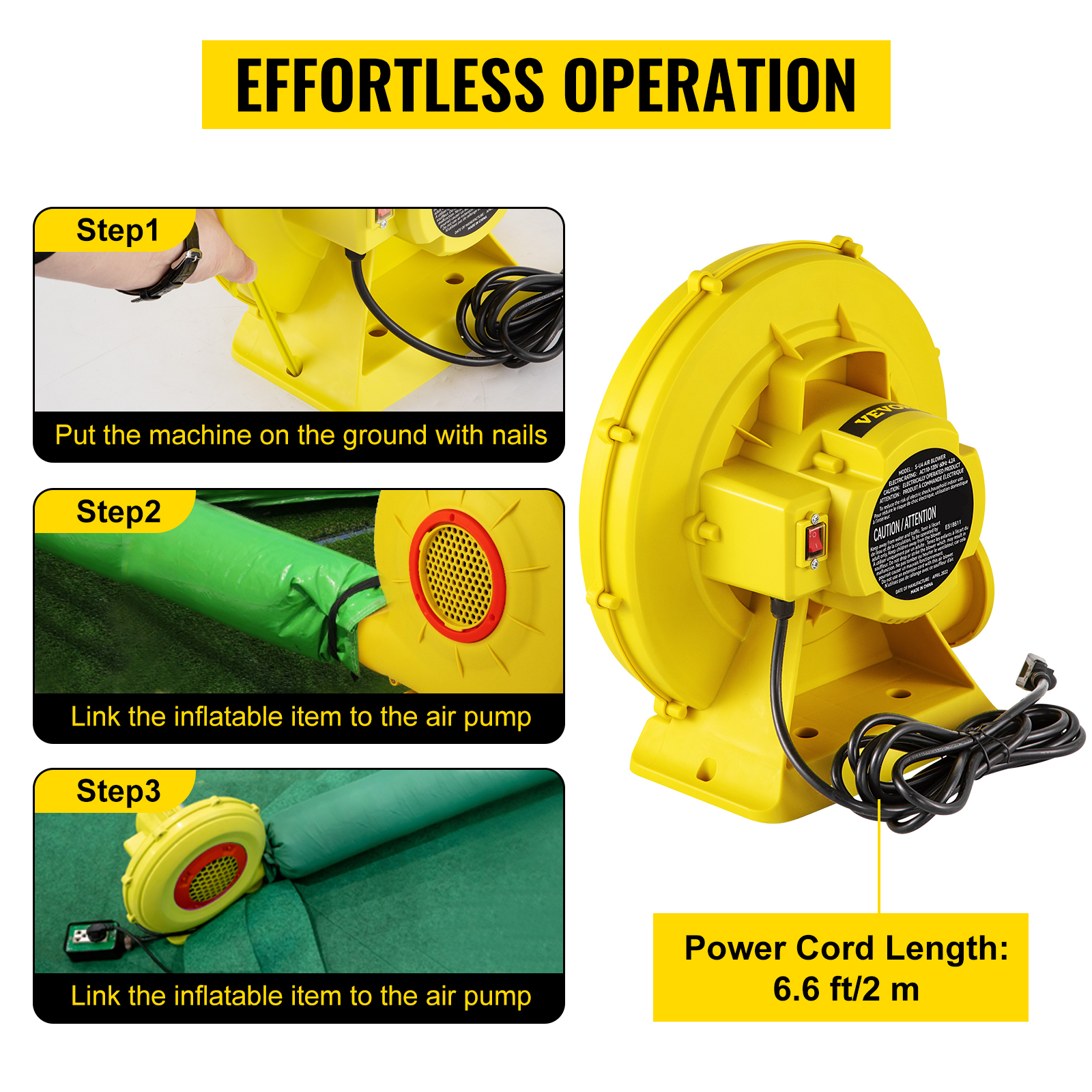 VEVOR bounce house blower with step-by-step setup guide and highlighted power cord length of 6.6 ft.