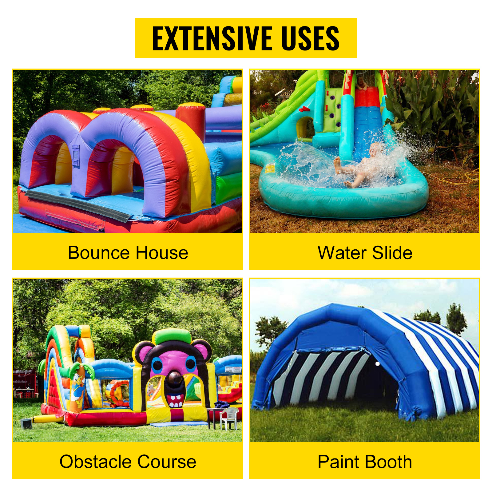 VEVOR bounce house blower: bounce house, water slide, obstacle course, paint booth with extensive uses.