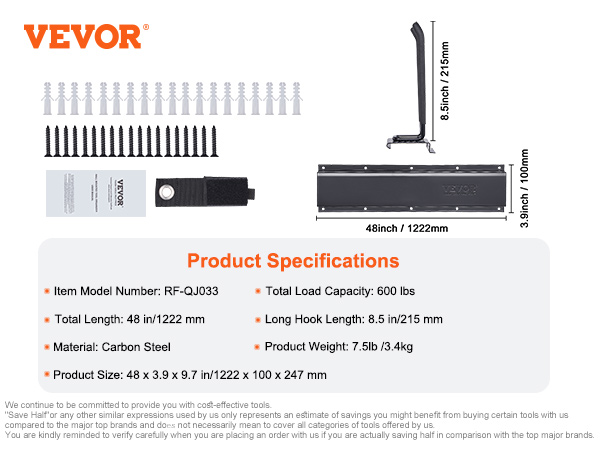 VEVOR garage tool organizer features specs: 48in length, 600lbs capacity, carbon steel material, 8.5in hook.