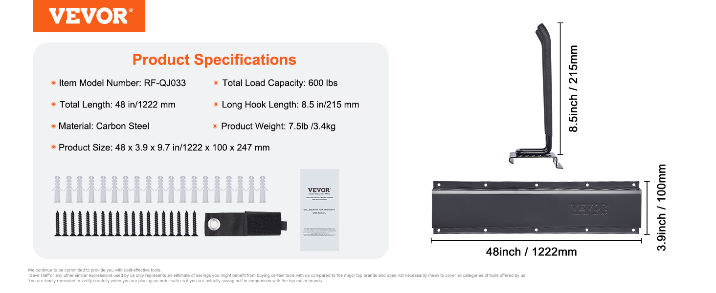 VEVOR garage tool organizer features specs: 48in length, 600lbs capacity, carbon steel material, 8.5in hook.