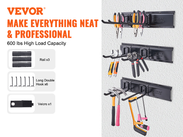 VEVOR garage tool organizer with hooks and rails, showcasing neat tool storage on a wall.
