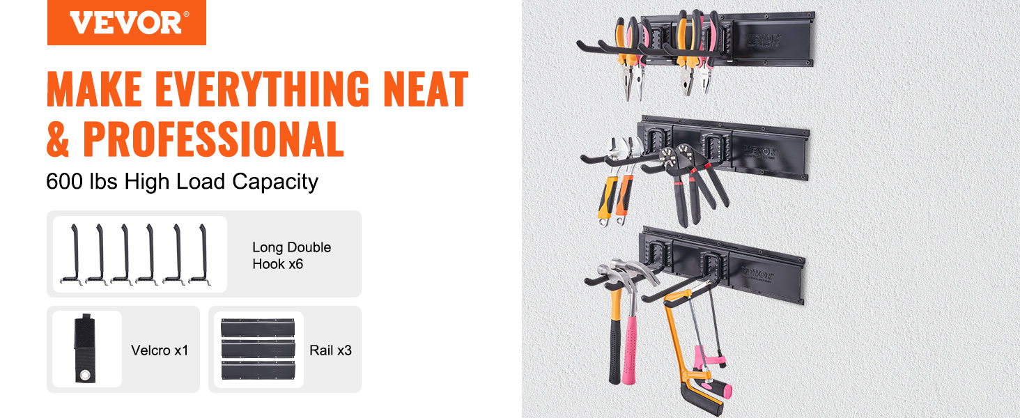 VEVOR garage tool organizer with hooks and rails, showcasing neat tool storage on a wall.