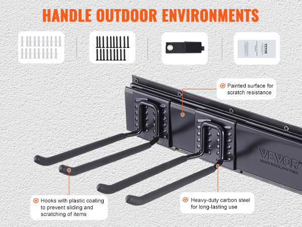 VEVOR garage tool organizer with heavy-duty carbon steel hooks for outdoor use, anti-scratch coating.