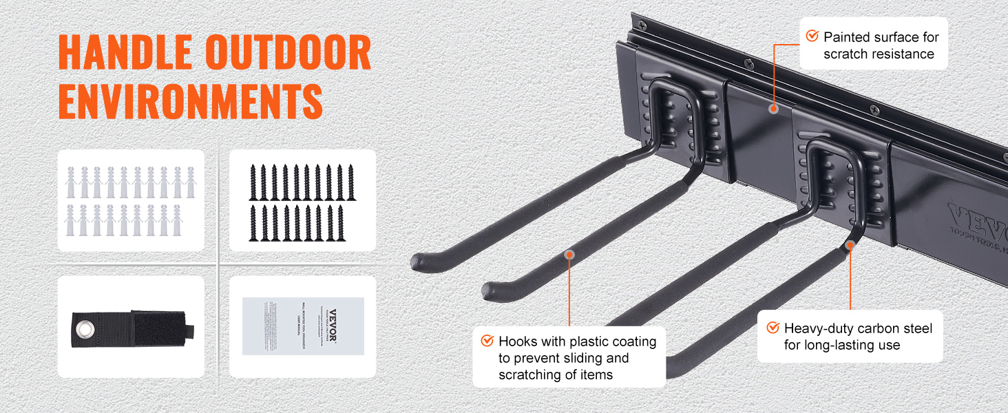 VEVOR garage tool organizer with heavy-duty carbon steel hooks for outdoor use, anti-scratch coating.