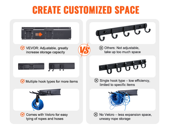 VEVOR garage tool organizer comparison, highlighting adjustable storage, multiple hooks, and velcro benefits.