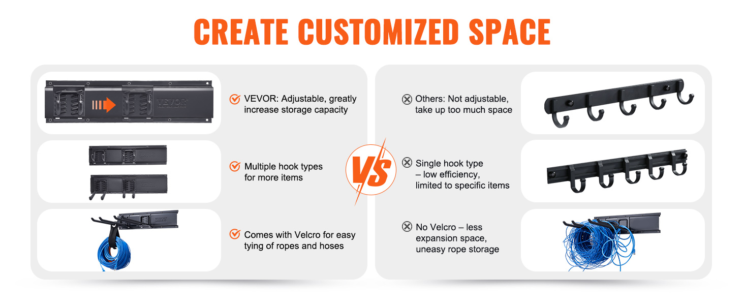 VEVOR garage tool organizer comparison, highlighting adjustable storage, multiple hooks, and velcro benefits.