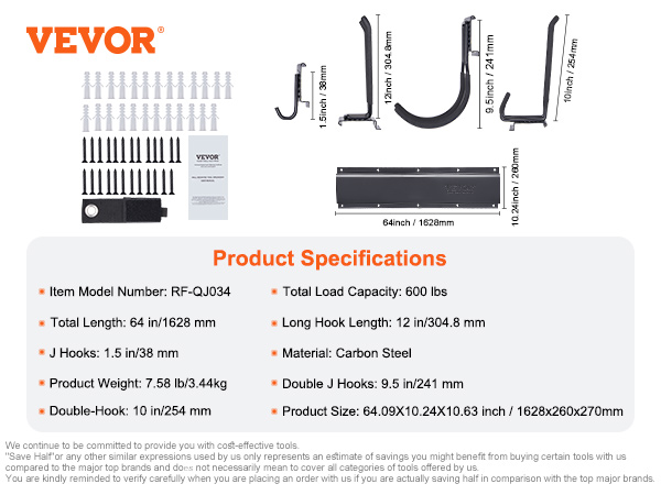 VEVOR garage tool organizer dimensions, hook sizes, load capacity, material details, and setup components.