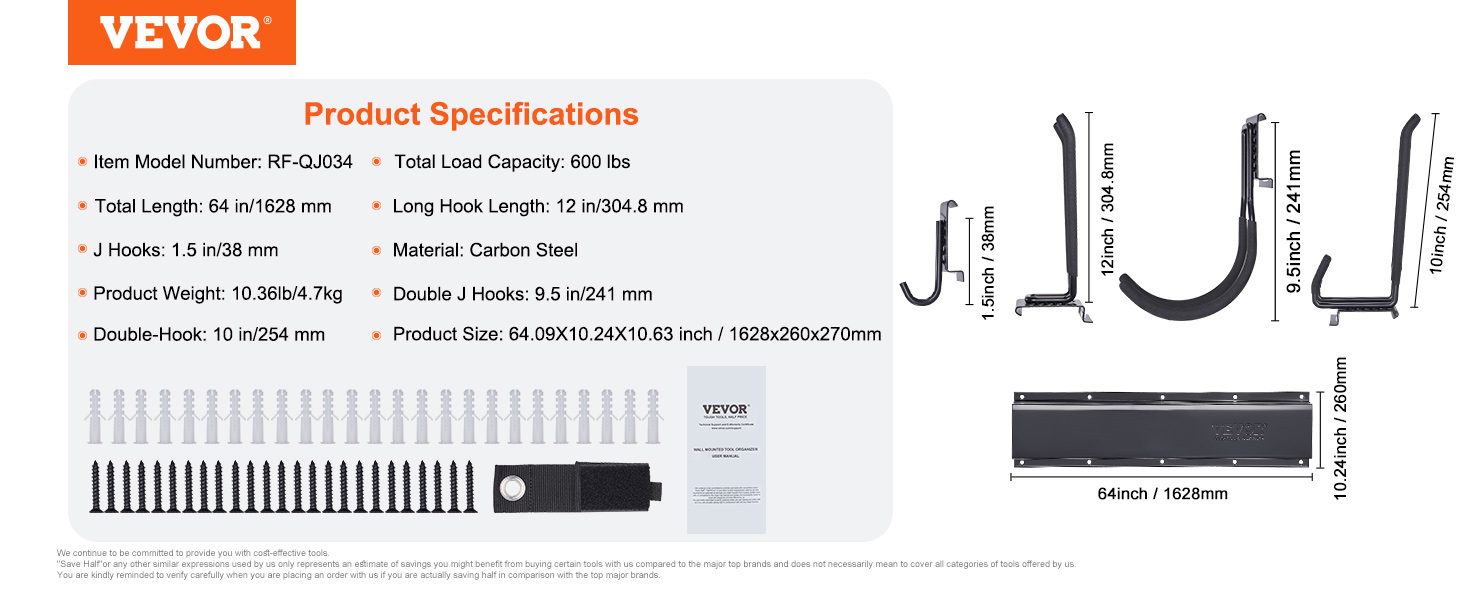 VEVOR garage tool organizer dimensions, hook sizes, load capacity, material details, and setup components.