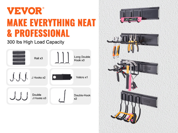VEVOR garage tool organizer with multiple hooks, rails, and 600 lbs high load capacity for neat storage.