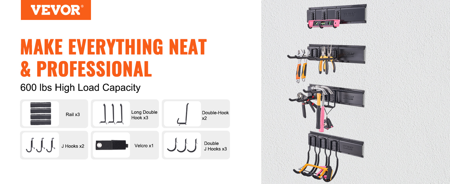 VEVOR garage tool organizer with multiple hooks, rails, and 600 lbs high load capacity for neat storage.
