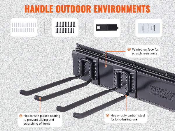 VEVOR garage tool organizer with hooks, plastic coating, heavy-duty steel, painted surface for durability.