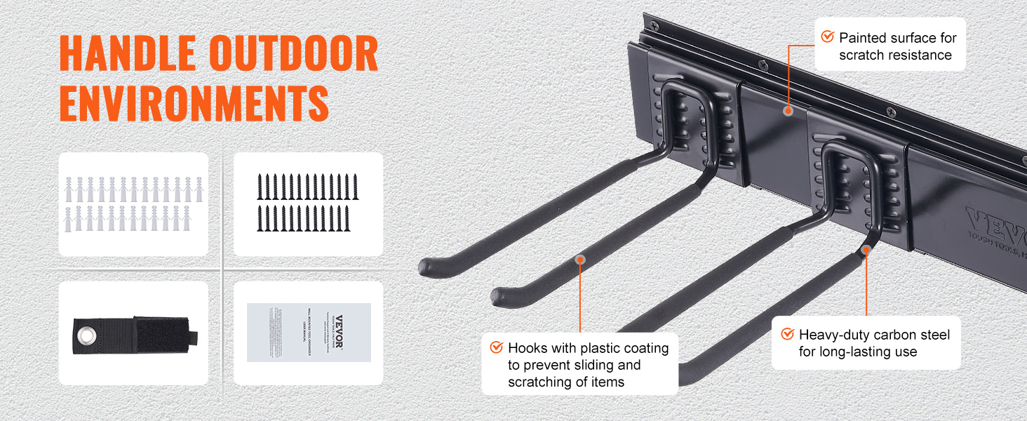 VEVOR garage tool organizer with hooks, plastic coating, heavy-duty steel, painted surface for durability.