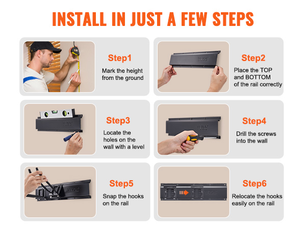 step-by-step installation of VEVOR garage tool organizer: mark height, place rail, level, drill, snap hooks, adjust.