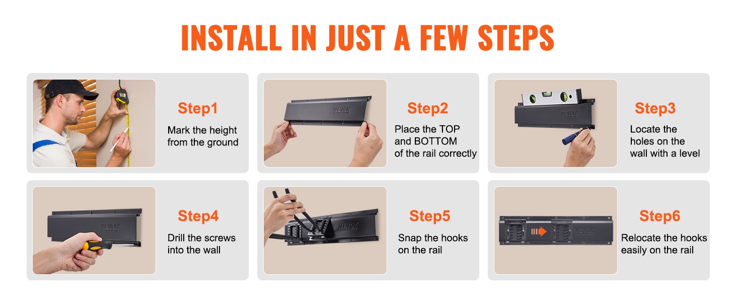 step-by-step installation of VEVOR garage tool organizer: mark height, place rail, level, drill, snap hooks, adjust.