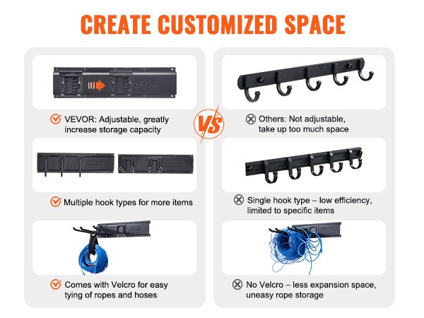 VEVOR garage tool organizer vs. traditional hooks. customizable storage with adjustable hooks and velcro.