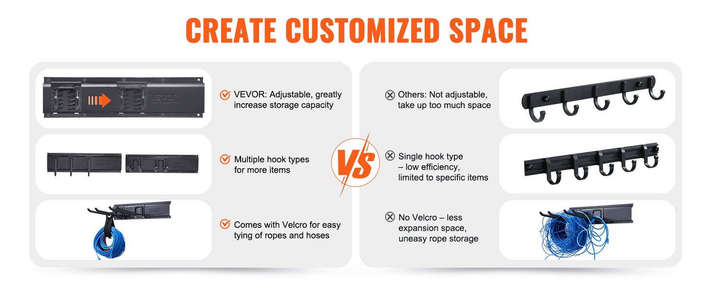 VEVOR garage tool organizer vs. traditional hooks. customizable storage with adjustable hooks and velcro.