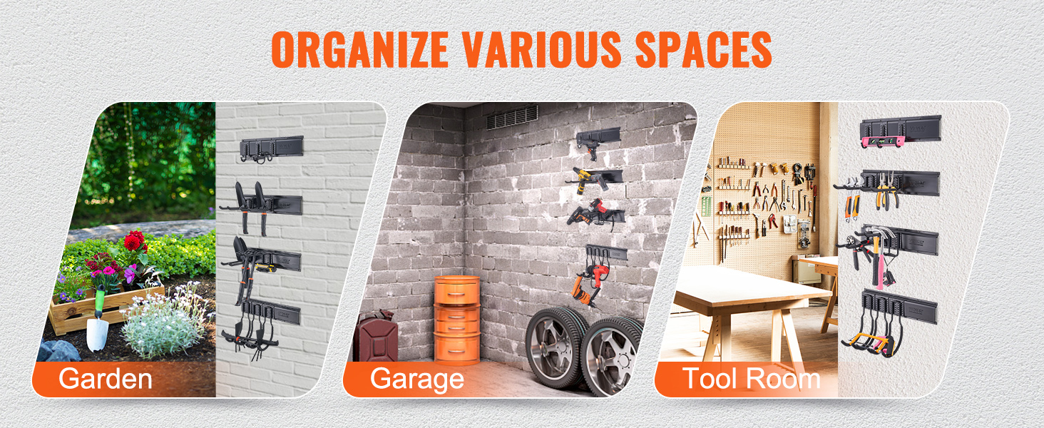 VEVOR garage tool organizer used in garden, garage, and tool room for organized storage solutions.