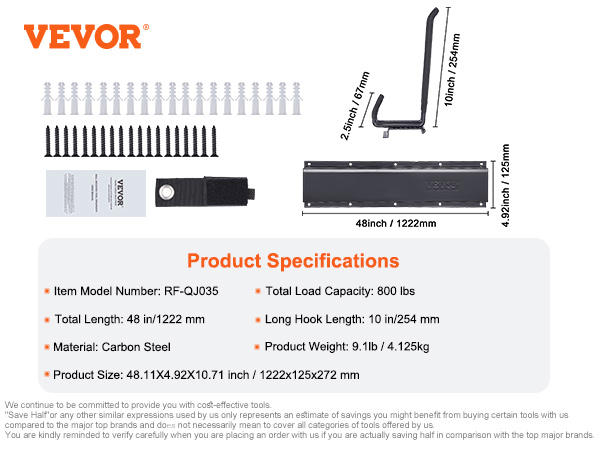 VEVOR garage tool organizer specs: 48" total length, 800 lbs load capacity, 10" hook length, carbon steel.
