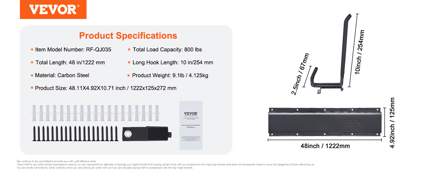 VEVOR garage tool organizer specs: 48" total length, 800 lbs load capacity, 10" hook length, carbon steel.