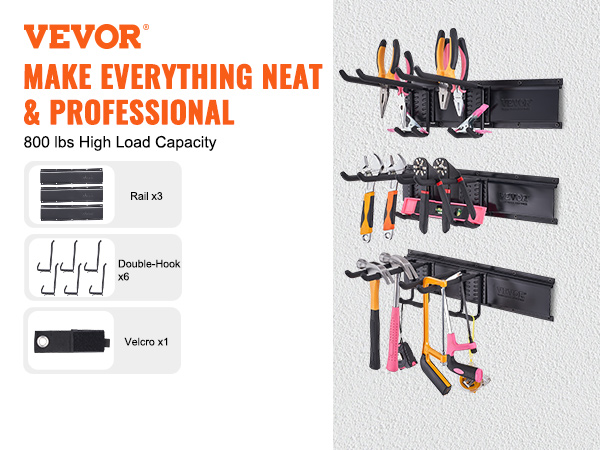 VEVOR garage tool organizer with 800 lbs load capacity, double-hooks, velcro, and three rails.