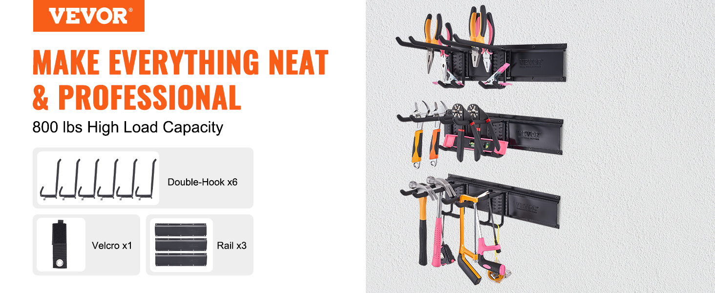 VEVOR garage tool organizer with 800 lbs load capacity, double-hooks, velcro, and three rails.