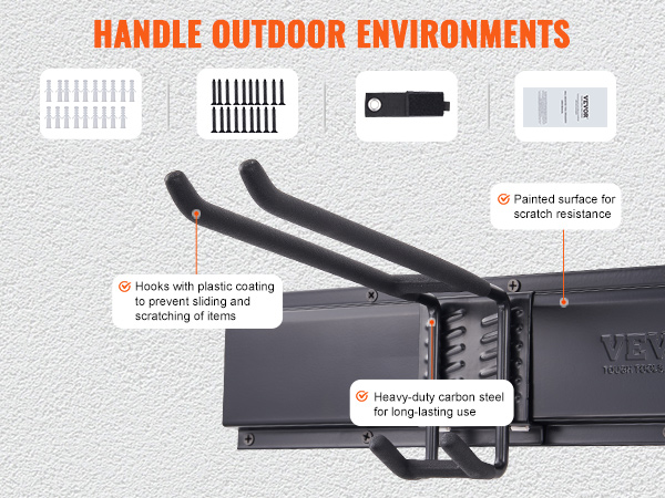 hooks with plastic coating and scratch-resistant paint on VEVOR garage tool organizer for durability.
