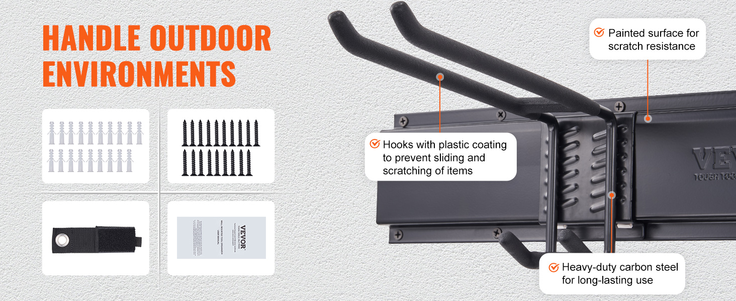 hooks with plastic coating and scratch-resistant paint on VEVOR garage tool organizer for durability.
