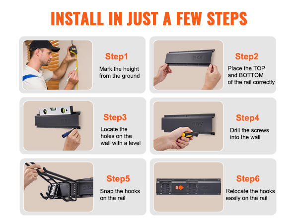 install VEVOR garage tool organizer in six steps: measure, place rail, locate holes, drill screws, snap hooks, and relocate.
