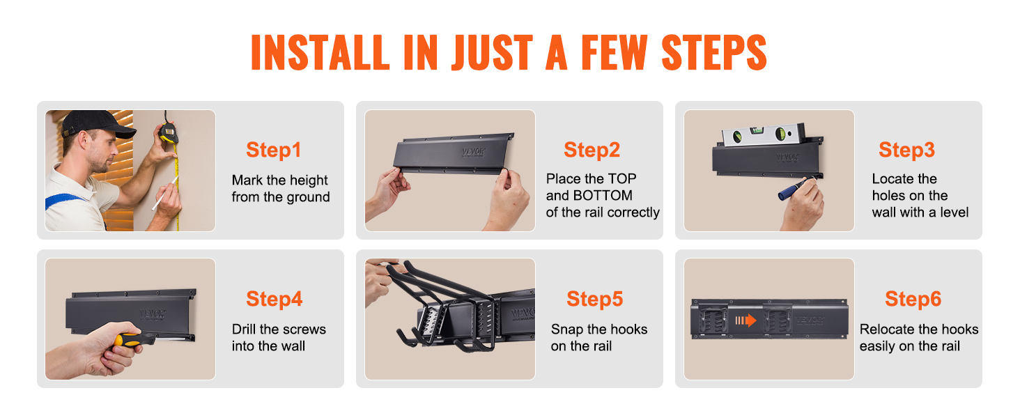 install VEVOR garage tool organizer in six steps: measure, place rail, locate holes, drill screws, snap hooks, and relocate.