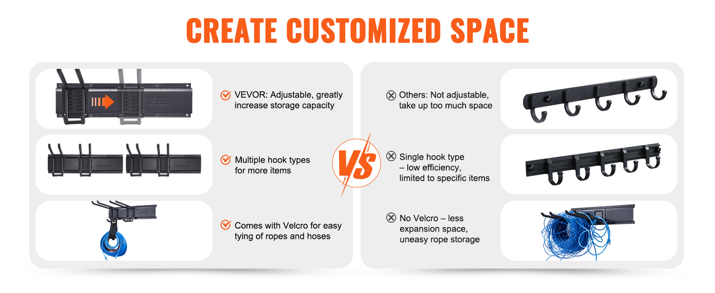 VEVOR garage tool organizer comparison with multiple hook types, adjustable storage, and velcro features.