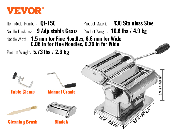 VEVOR pasta maker with 9 adjustable gears, manual crank, table clamp, additional blade, and cleaning brush.