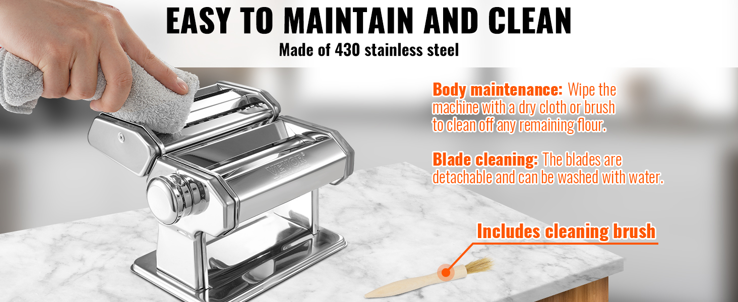 VEVOR pasta maker made of 430 stainless steel, easy to maintain and clean with an included brush.