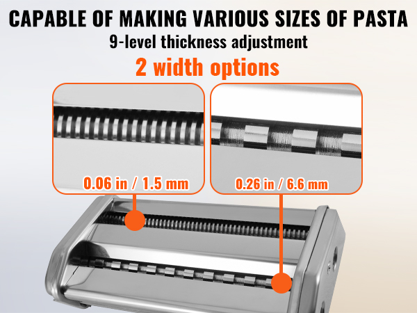 VEVOR pasta maker with 9-level thickness adjustment, 2 width options, 0.01-0.1 in (0.3-3mm).