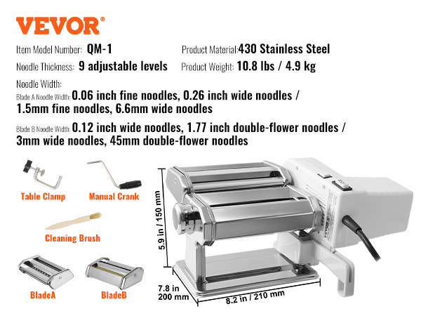 VEVOR electric pasta maker with adjustable thickness, multiple noodle widths, and included accessories.