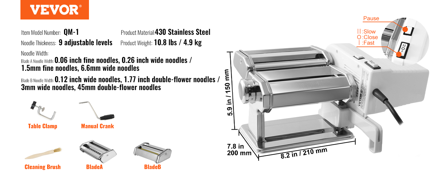 VEVOR electric pasta maker with adjustable thickness, multiple noodle widths, and included accessories.