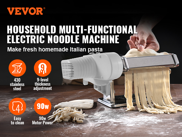 VEVOR electric pasta maker in use, cutting fresh homemade pasta with features listed.