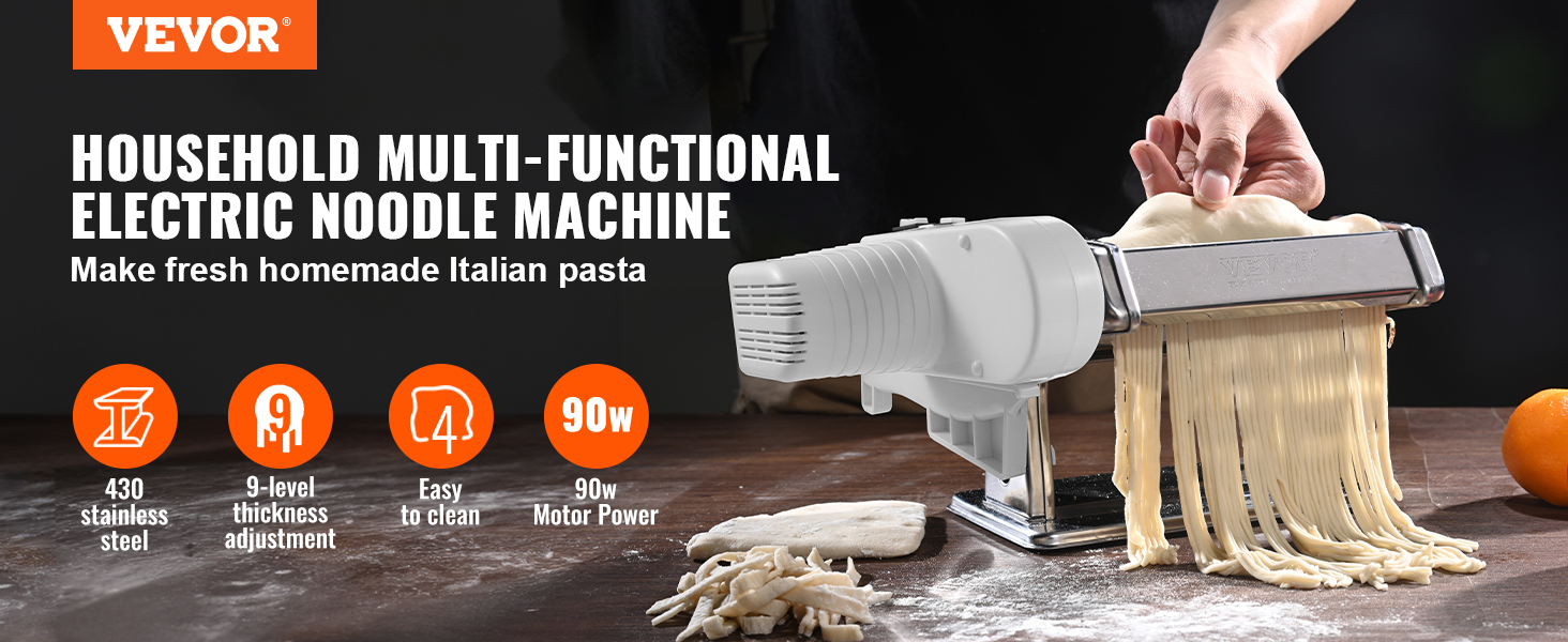 VEVOR electric pasta maker in use, cutting fresh homemade pasta with features listed.
