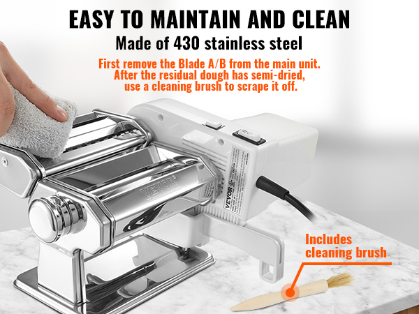 VEVOR electric pasta maker with stainless steel design, easy to clean, includes cleaning brush.