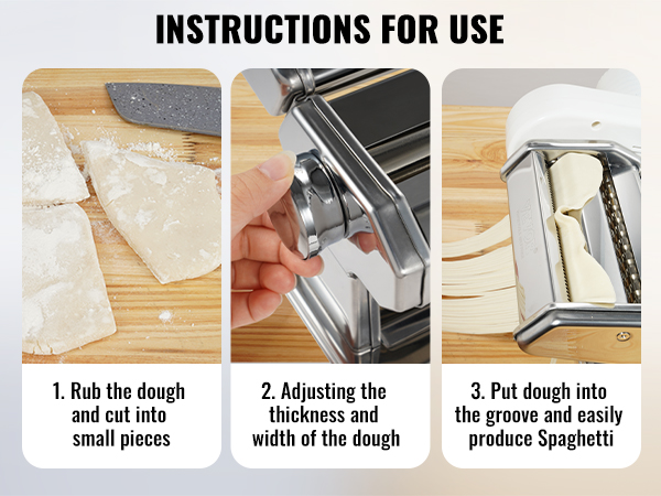 VEVOR electric pasta maker instructions: rub and cut dough, adjust thickness, produce spaghetti.