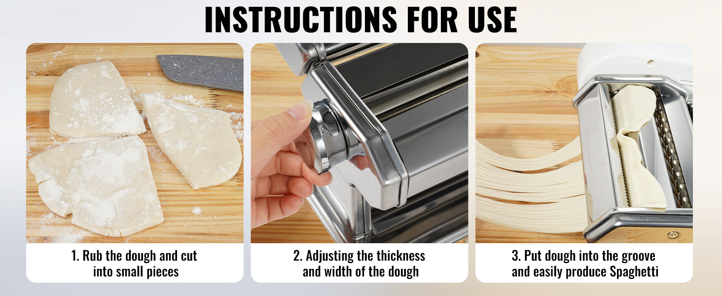 VEVOR electric pasta maker instructions: rub and cut dough, adjust thickness, produce spaghetti.