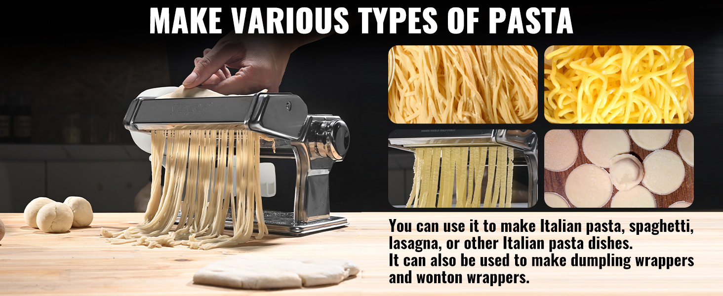 making pasta with the VEVOR electric pasta maker; fresh dough and various pasta types shown.