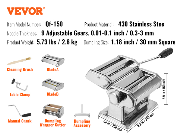 VEVOR pasta maker with adjustable gears, blade attachments, manual crank, and cleaning brush.